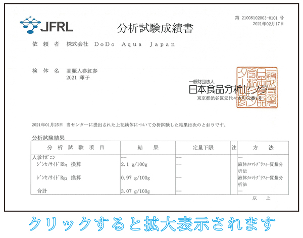 高麗人参、国産黒高麗人参の黒参と紅参のジンセノサイド、サポニン量分析試験成績書
