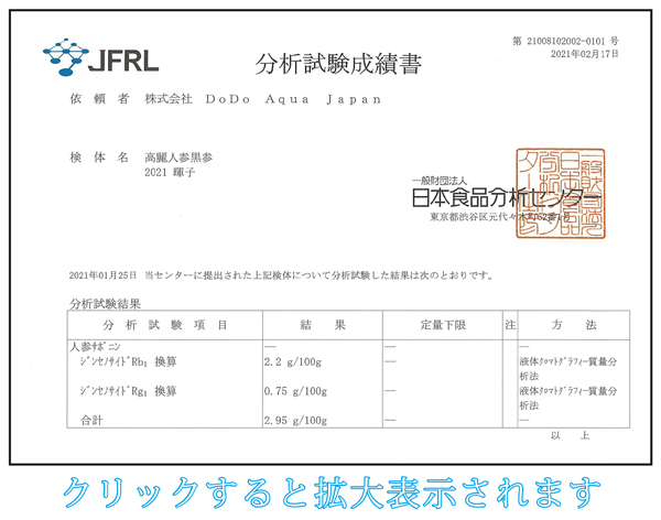 高麗人参、国産黒高麗人参の黒参と紅参のジンセノサイド、サポニン量分析試験成績書