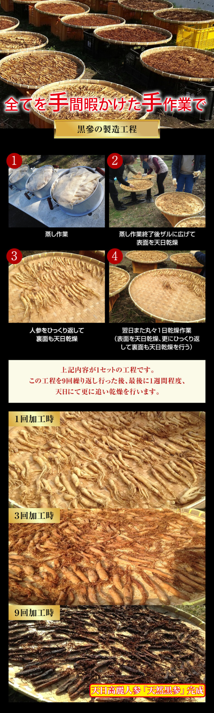 高麗人参、国産黒高麗人参の黒参、紅参、白参の製造工程